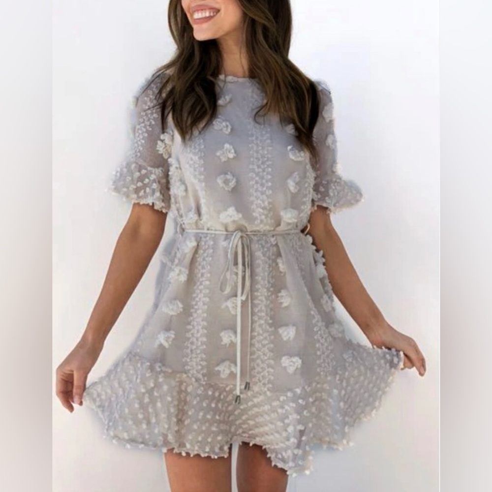Anthropologie &Merci Ruffle Mini Dress Gray Mesh Floral Pom Pom Coquette Cottage